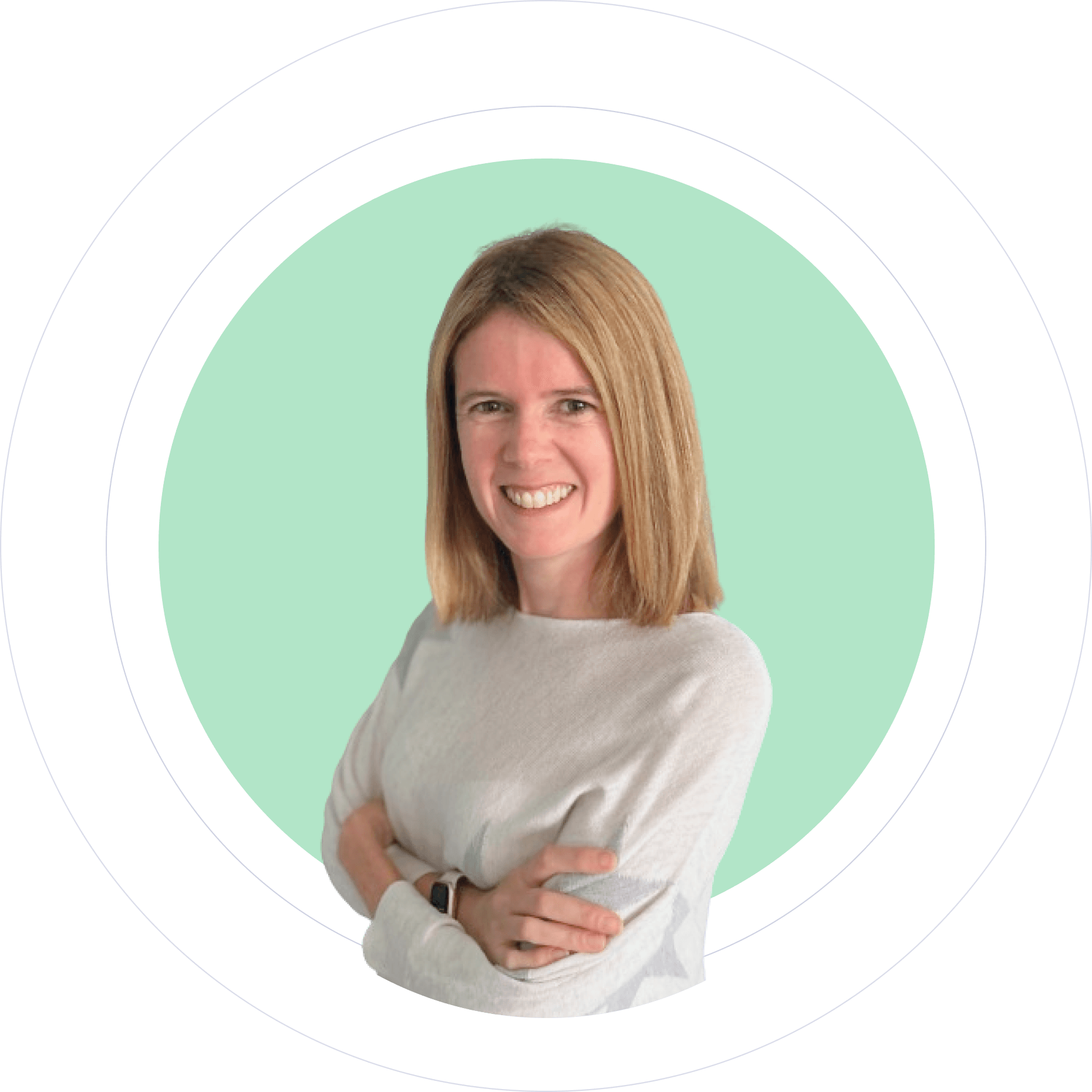 Jo smiling wearing a white t-shirt with arms crossed.